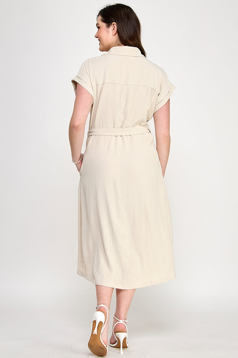 D5266X-1 Plus Size Front Tied Buttoned Short Sleeve Dress