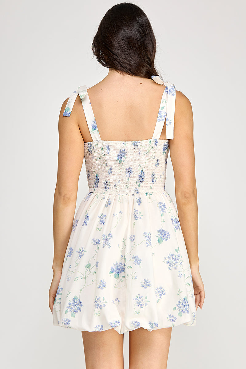 D5419 Floral Shoulder-Tie Bubble Skirt Dress