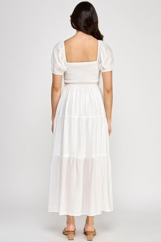 Front Tie Puff Sleeve Tired Maxi Dress