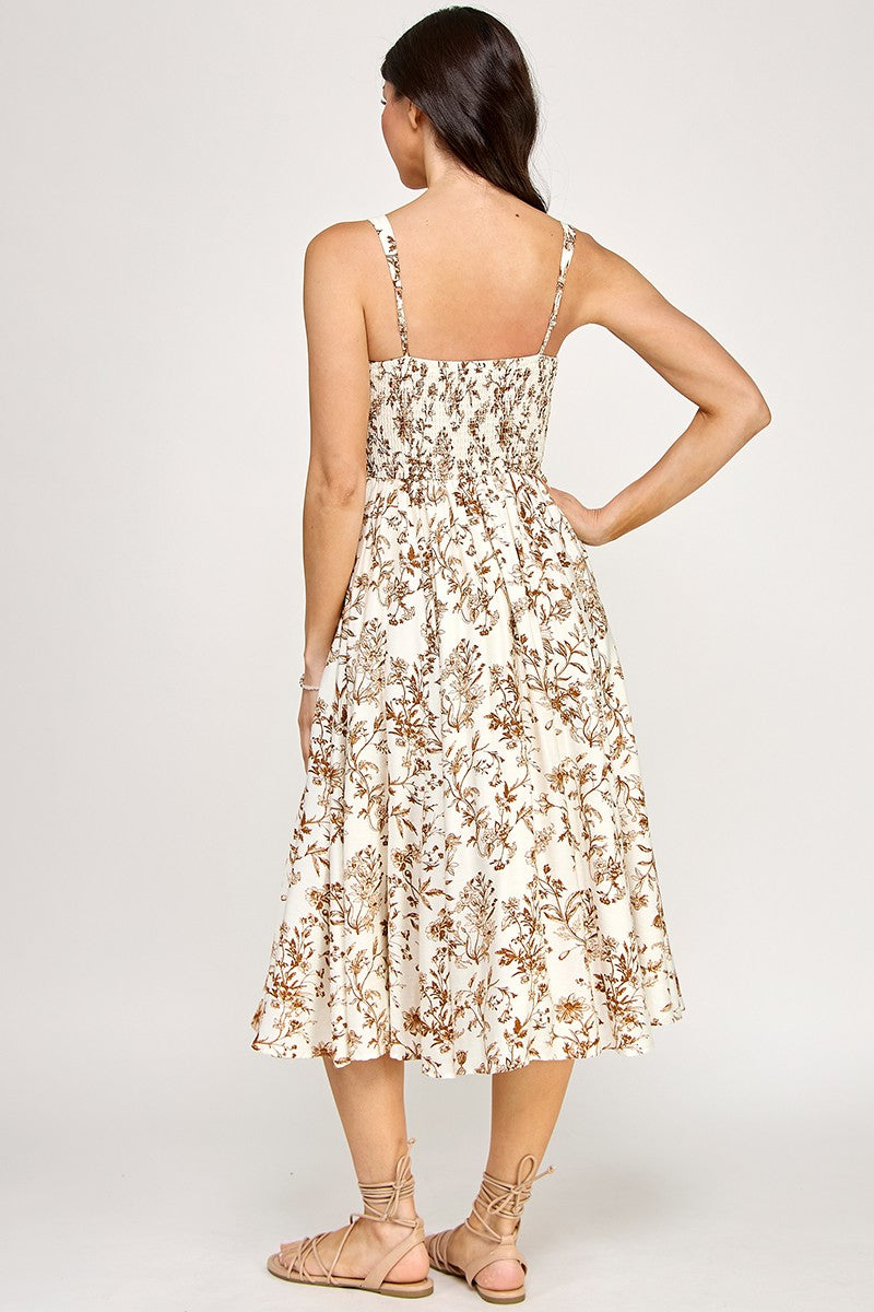D5520-1 Floral Square-Neck Midi Dress with Pockets