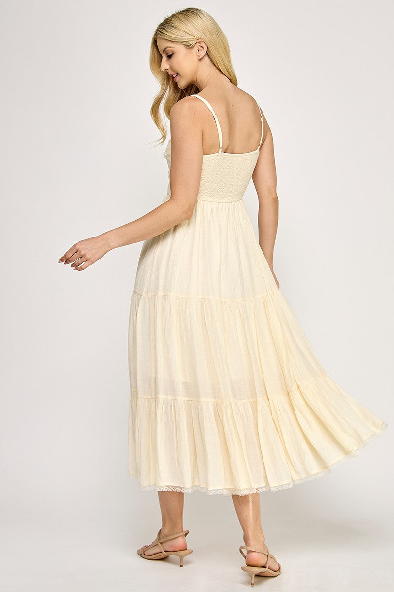 D5553 Lace Trim Tiered Midi Dress
