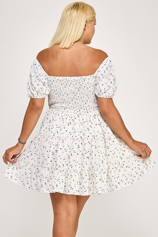 D5297X-1 Floral Smocked Puff Sleeve Mini Dress