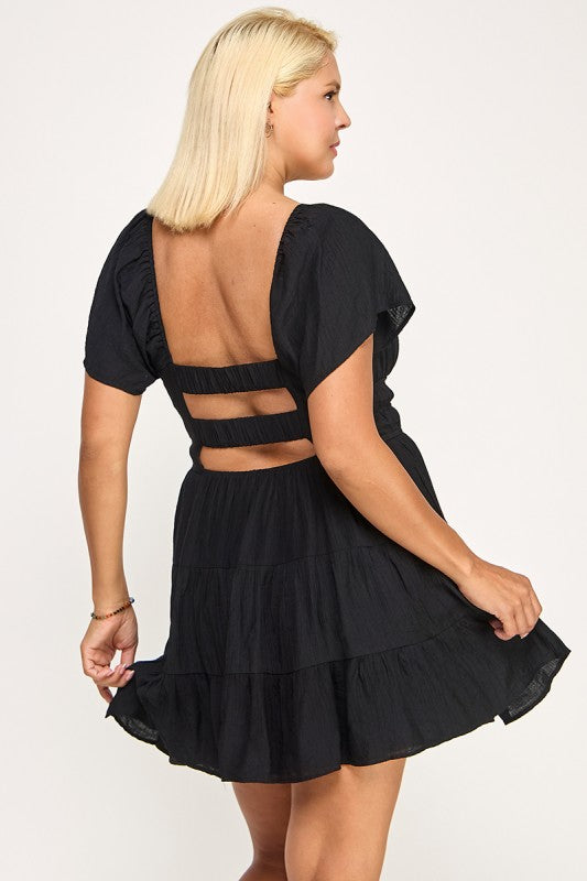 D5254X Smocked Tiered Mini Dress with Open Back