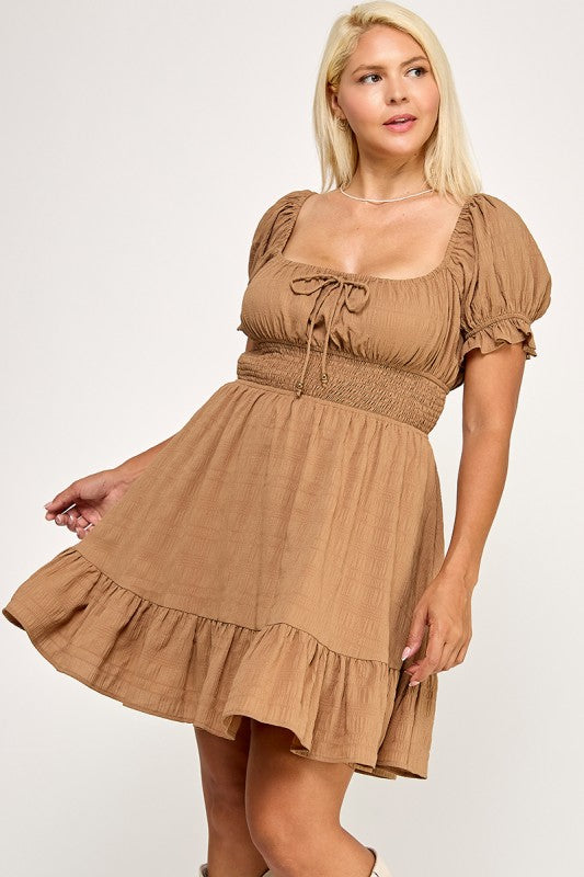 D5574X Plus Textured Puff Sleeve Smocked Mini Dress