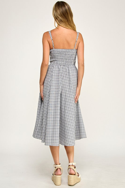 D5609 Gingham Square Neck Midi Dress