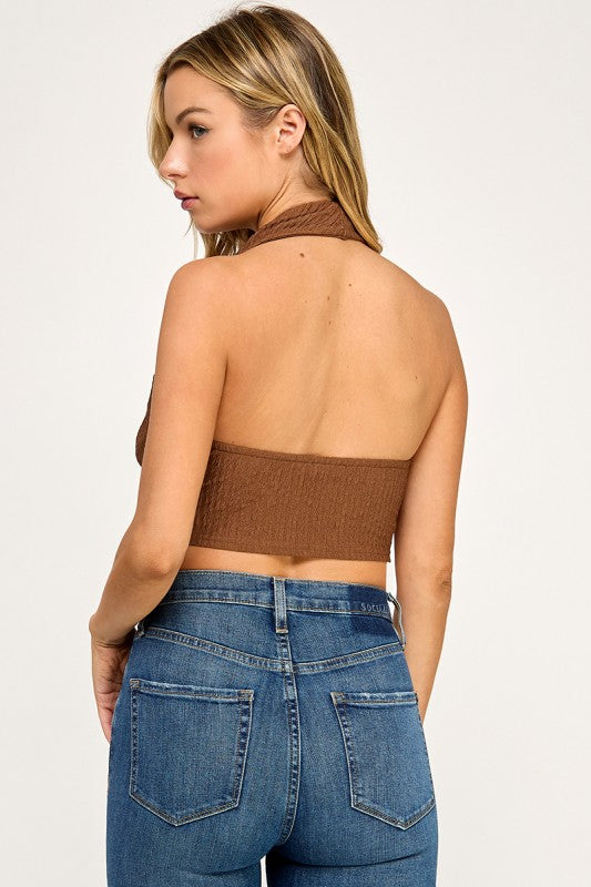 T5307 Textured Halter Drape Crop Top
