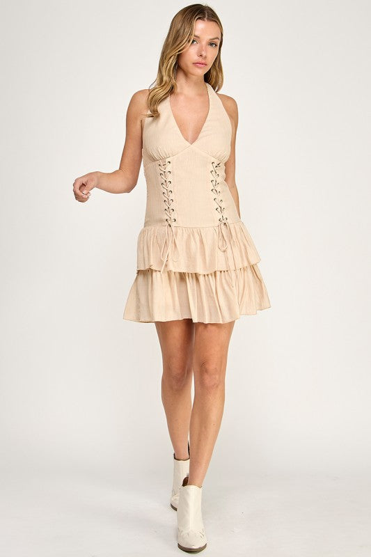 D5639-1 Lace-Up Halter Neck Tiered Mini Dress