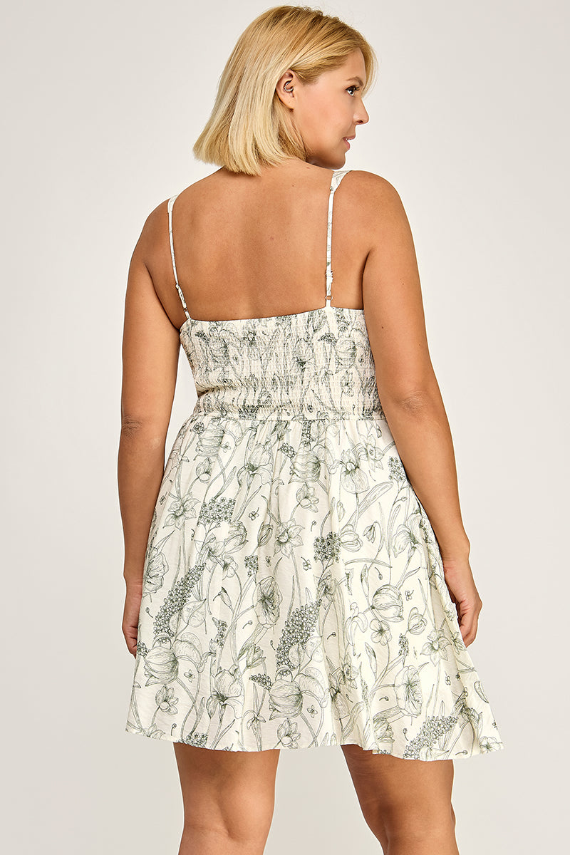 D5668X-1 Plus-Size Cinching Lace Square Neck Print Mini Dress