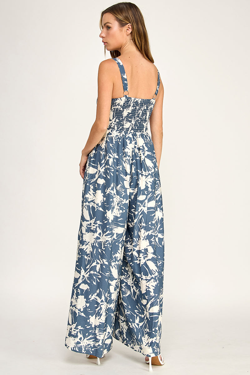 J5631-1 Tropical Leaf Print Tie-Front Wide Leg Jumpsuit