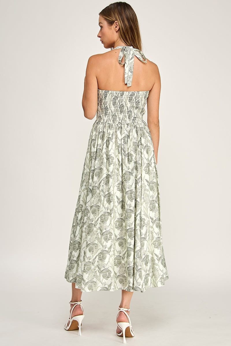 D5713 Floral Halter Midi Dress