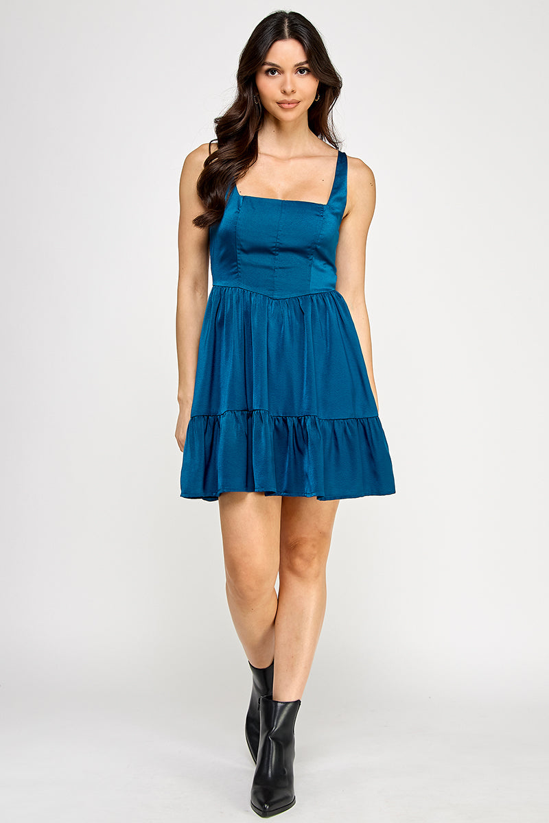 D5349 Satin Square Neck Back Smocked Dress