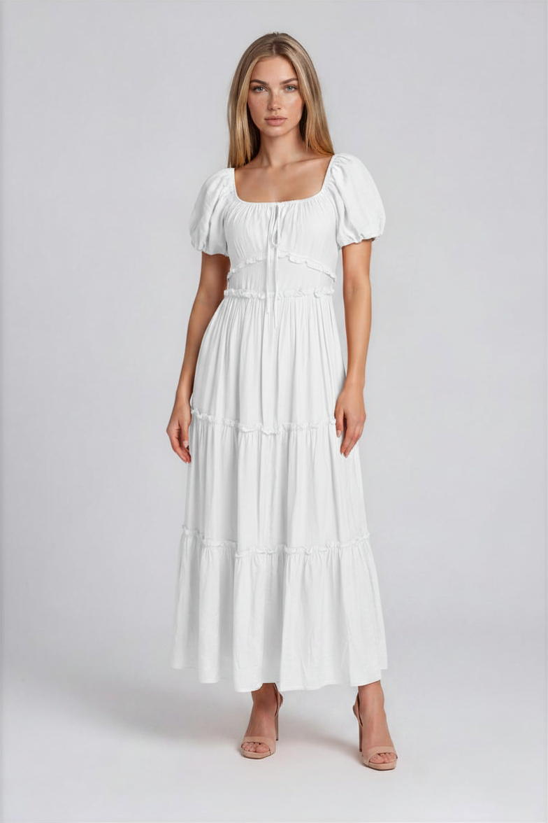 D5737S Puff Sleeve Tie-Front Cut-Out Tiered Maxi Dress