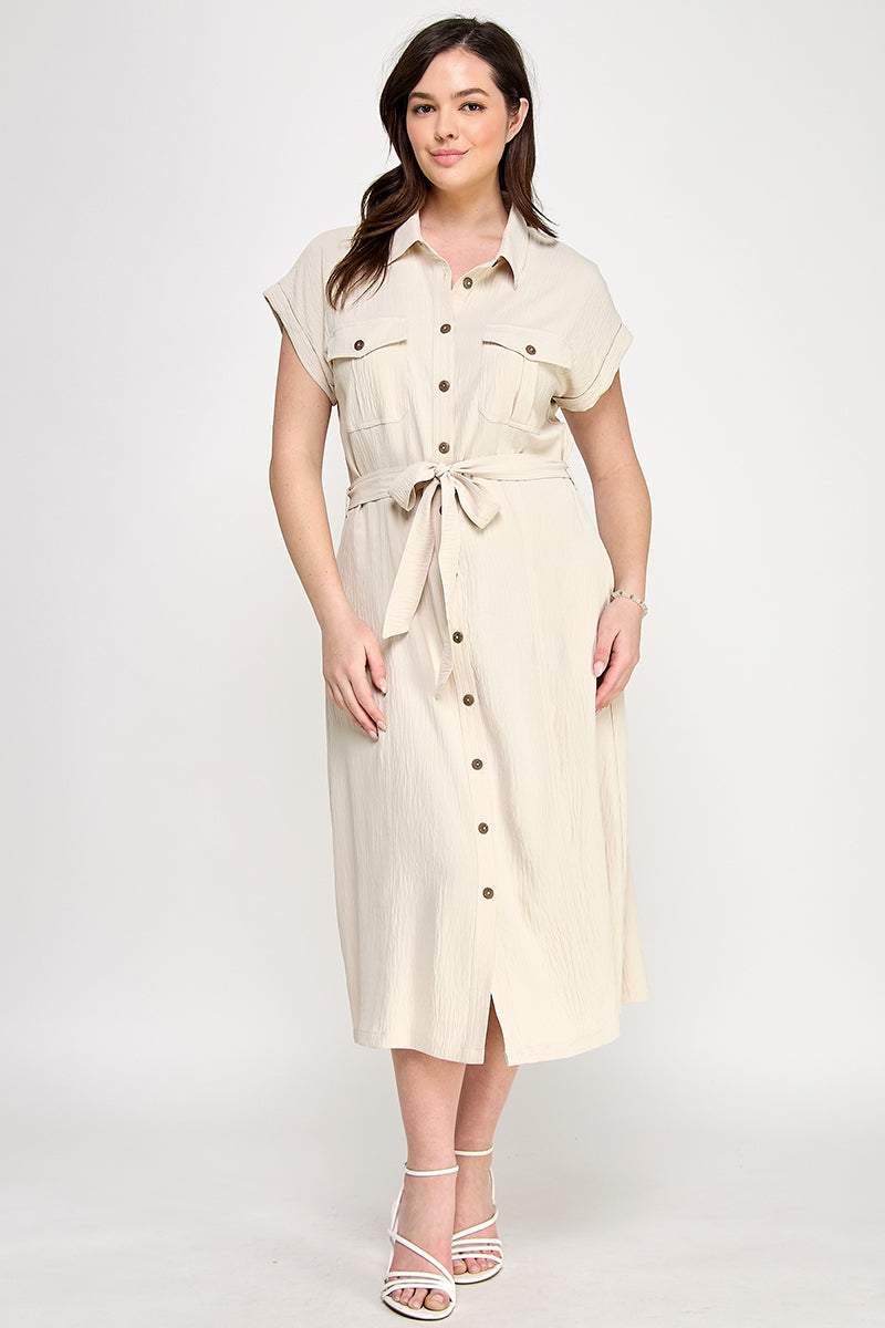 D5266X-1 Plus Size Front Tied Buttoned Short Sleeve Dress