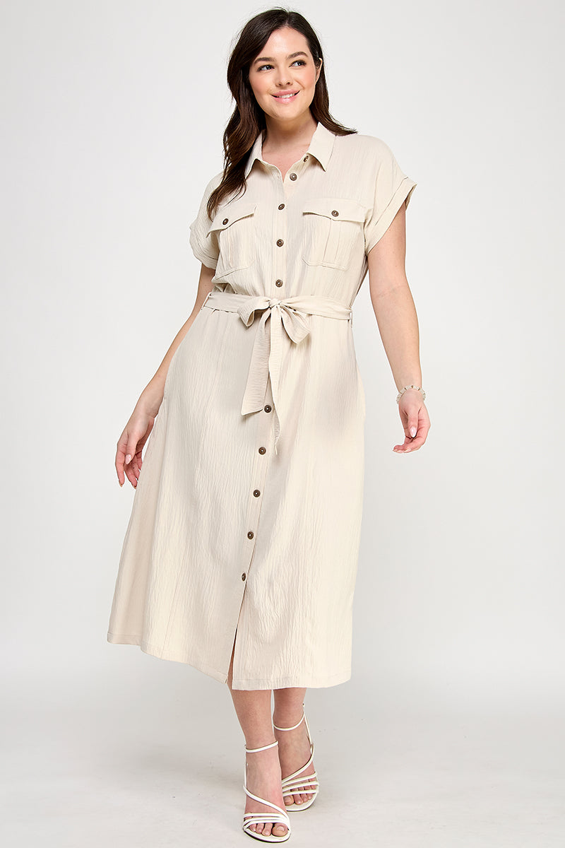 D5266X-1 Plus Size Front Tied Buttoned Short Sleeve Dress