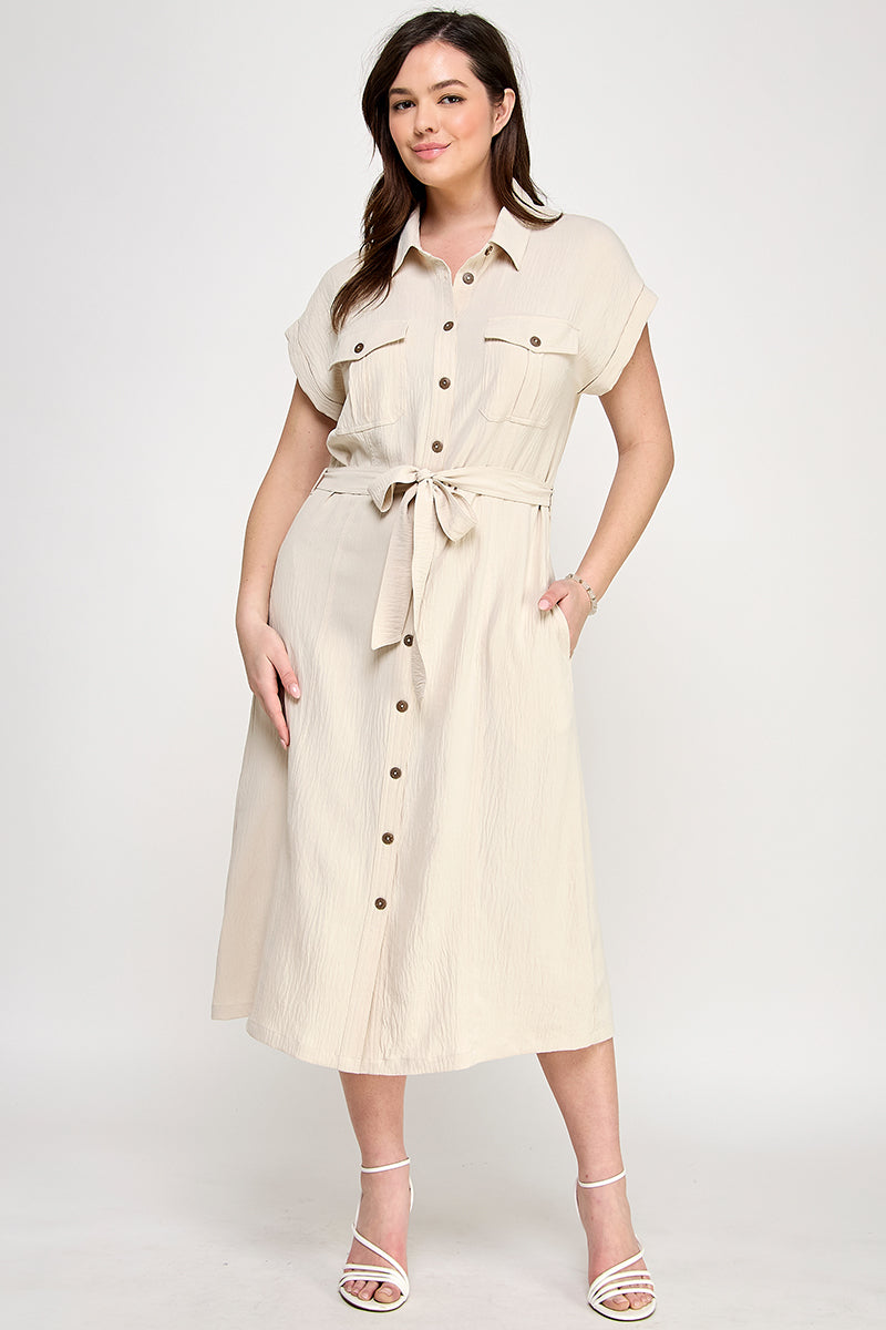 D5266X-1 Plus Size Front Tied Buttoned Short Sleeve Dress