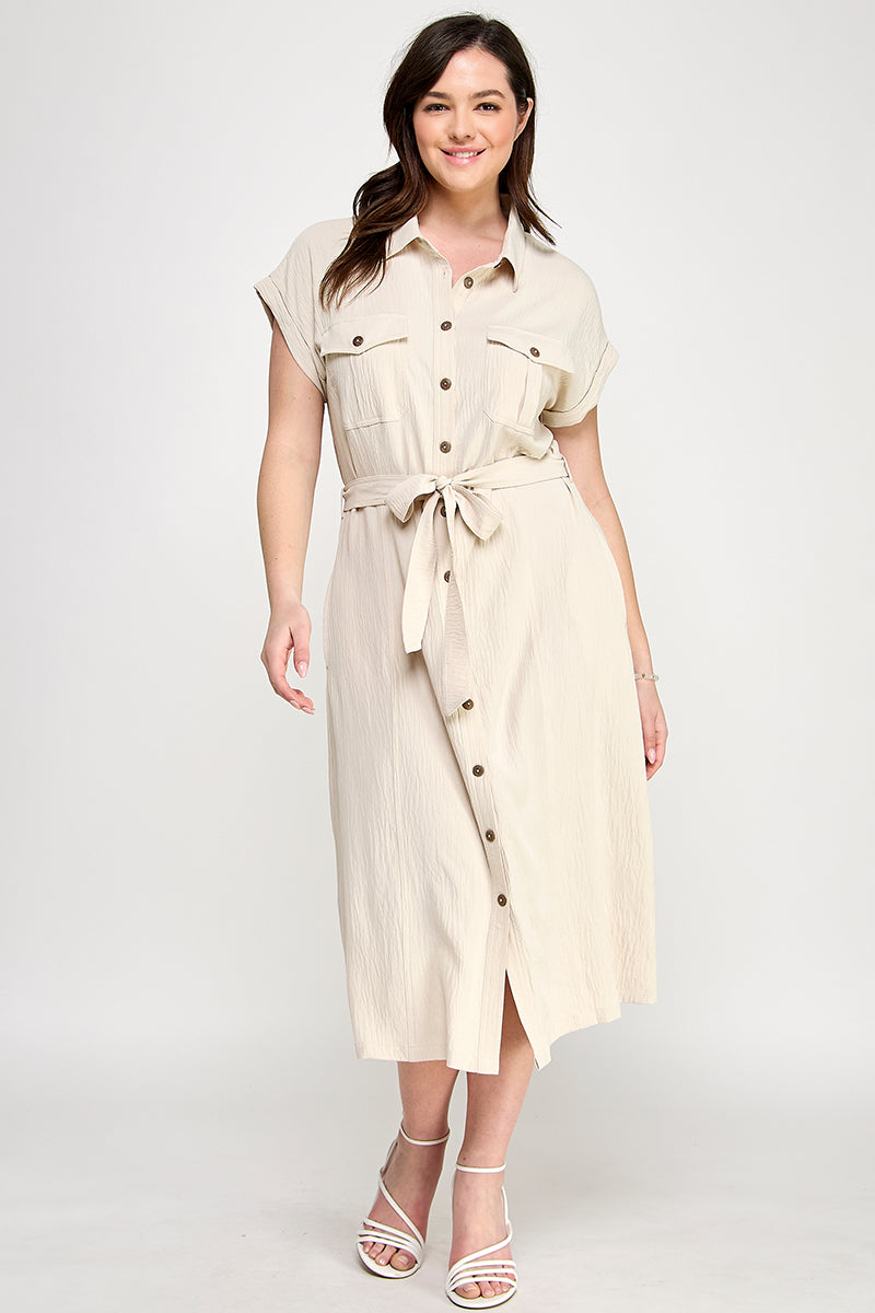D5266X-1 Plus Size Front Tied Buttoned Short Sleeve Dress