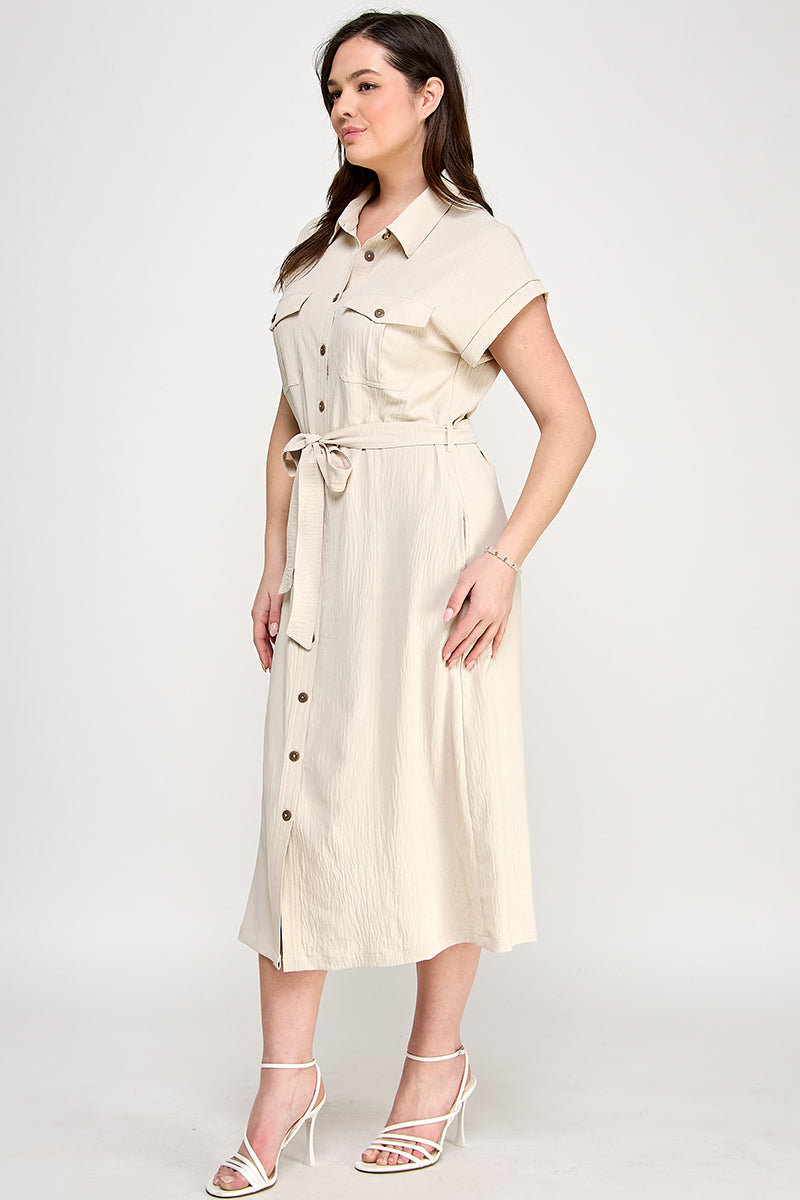 D5266X-1 Plus Size Front Tied Buttoned Short Sleeve Dress
