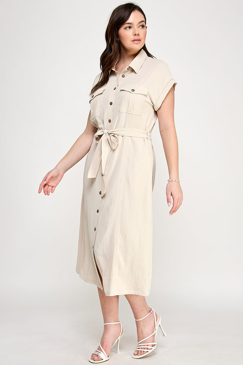 D5266X-1 Plus Size Front Tied Buttoned Short Sleeve Dress