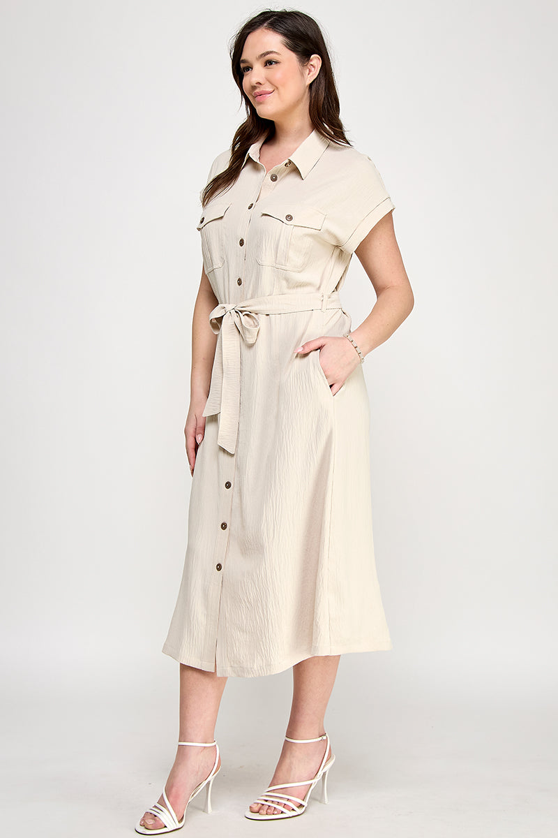 D5266X-1 Plus Size Front Tied Buttoned Short Sleeve Dress