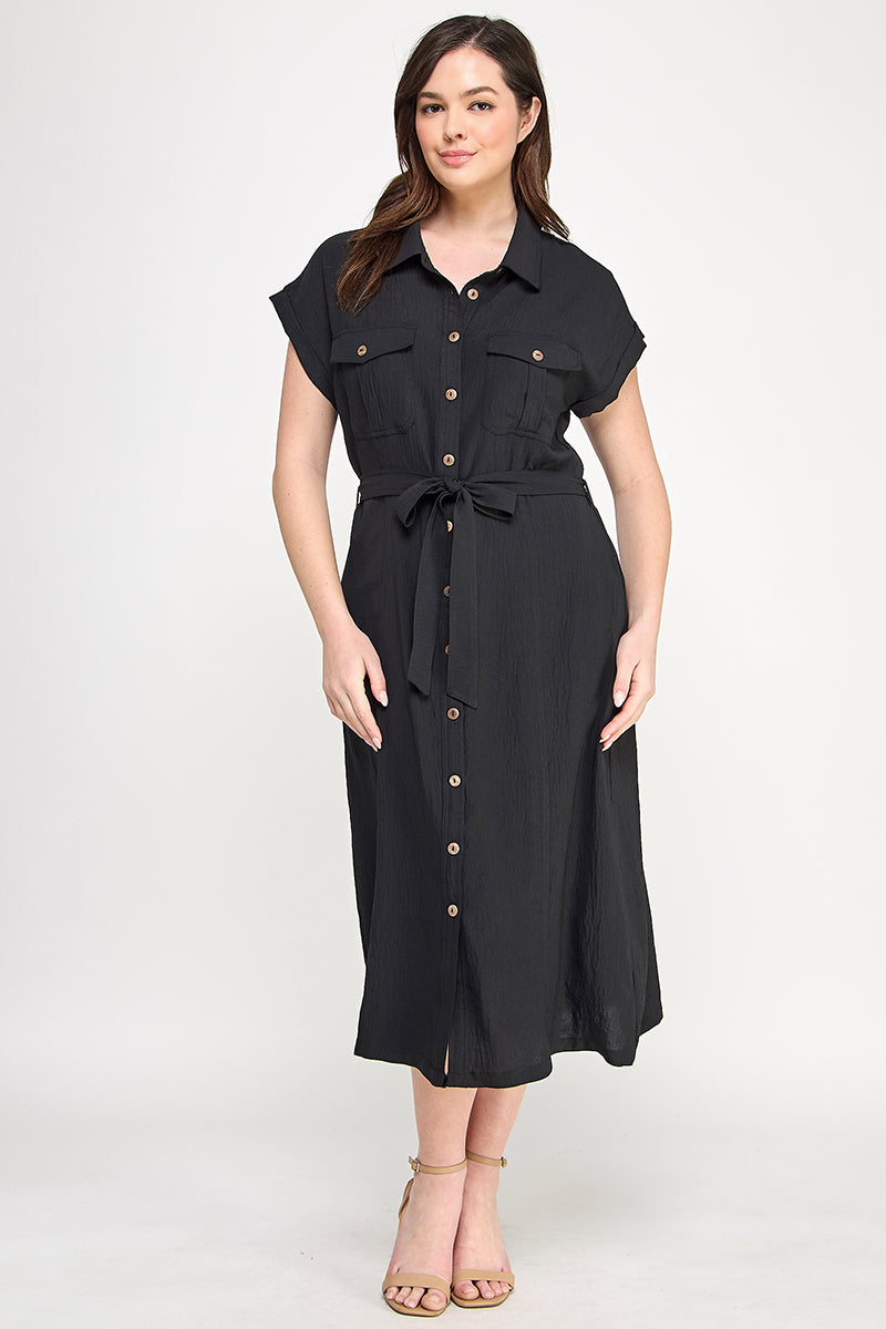 D5266X-1 Plus Size Front Tied Buttoned Short Sleeve Dress