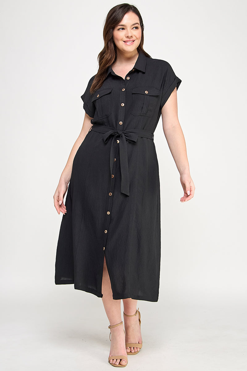 D5266X-1 Plus Size Front Tied Buttoned Short Sleeve Dress