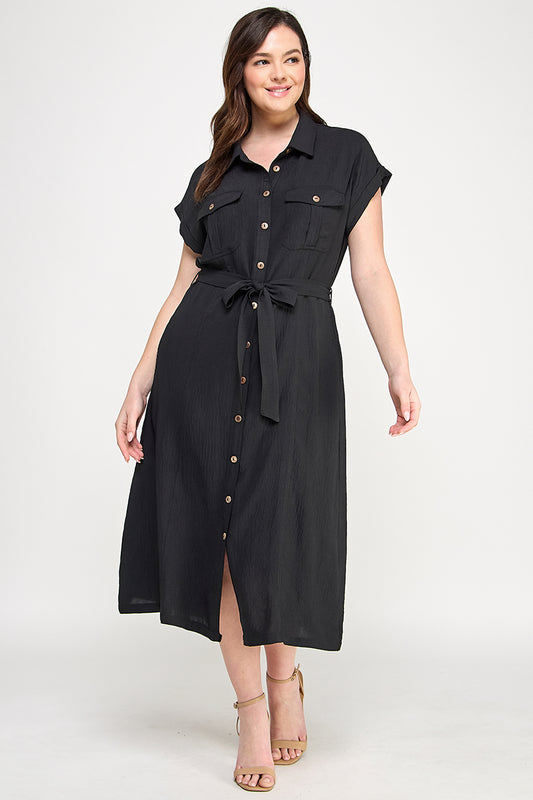 D5266X-1 Plus Size Front Tied Buttoned Short Sleeve Dress