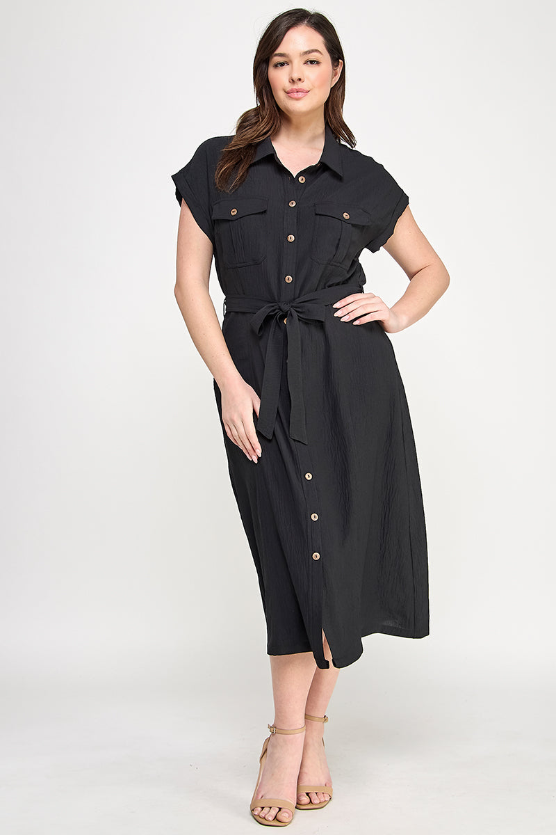 D5266X-1 Plus Size Front Tied Buttoned Short Sleeve Dress