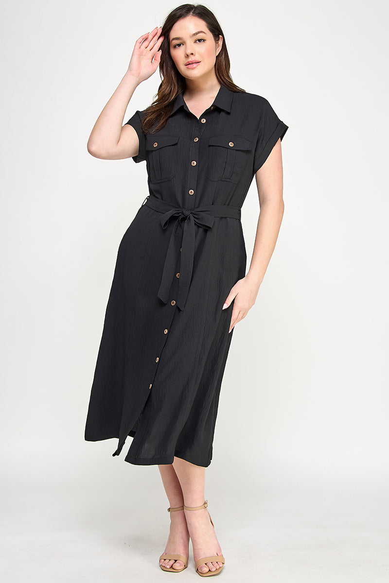 D5266X-1 Plus Size Front Tied Buttoned Short Sleeve Dress