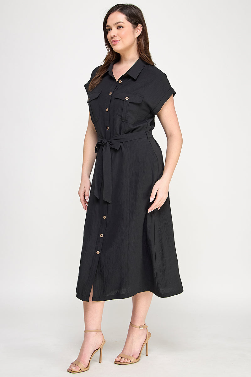 D5266X-1 Plus Size Front Tied Buttoned Short Sleeve Dress