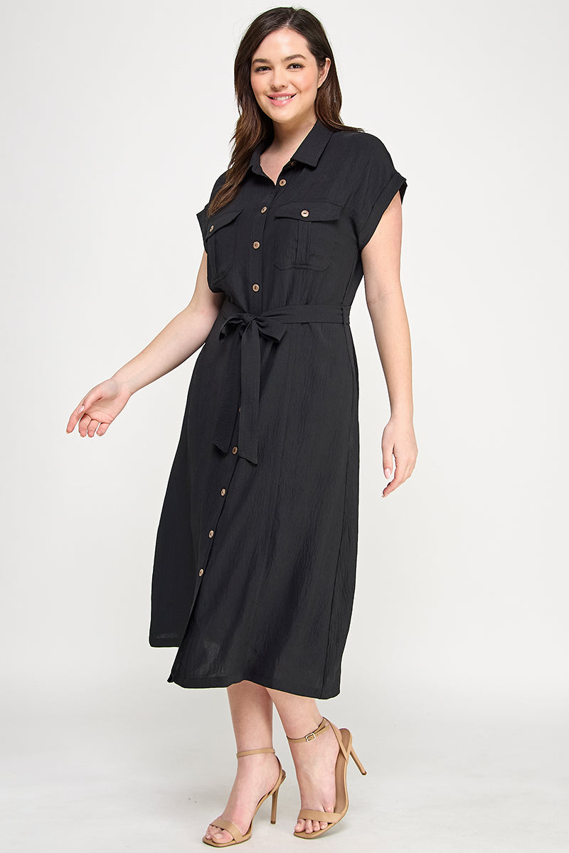 D5266X-1 Plus Size Front Tied Buttoned Short Sleeve Dress