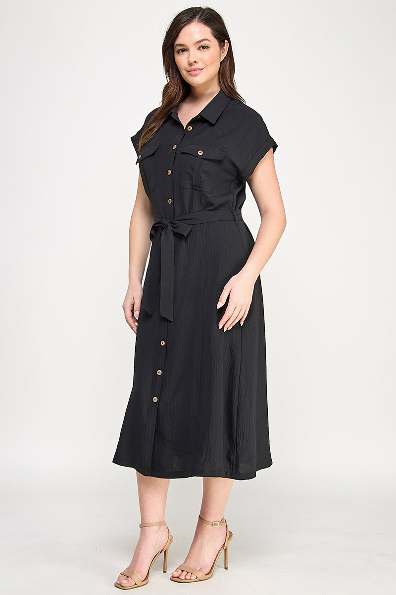 D5266X-1 Plus Size Front Tied Buttoned Short Sleeve Dress