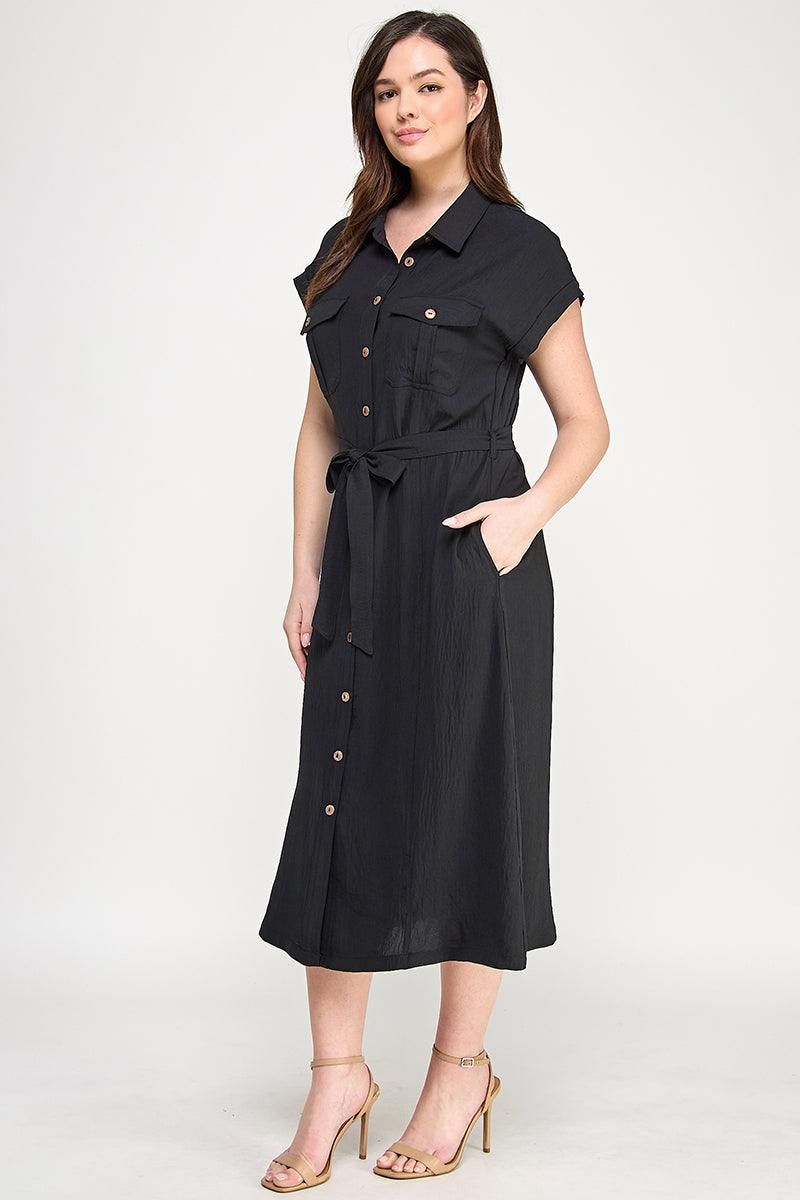 D5266X-1 Plus Size Front Tied Buttoned Short Sleeve Dress