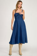 D5636 Drawstring Smocked Back Denim Midi Dress