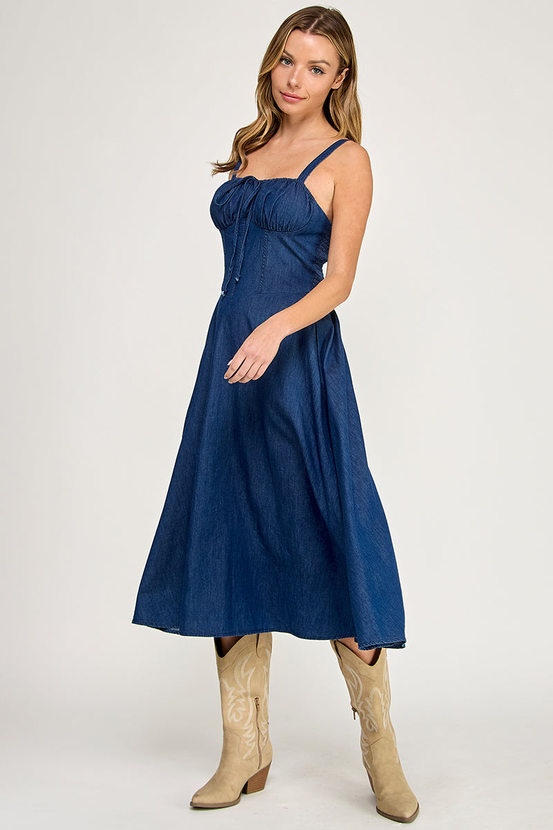 D5636 Drawstring Smocked Back Denim Midi Dress