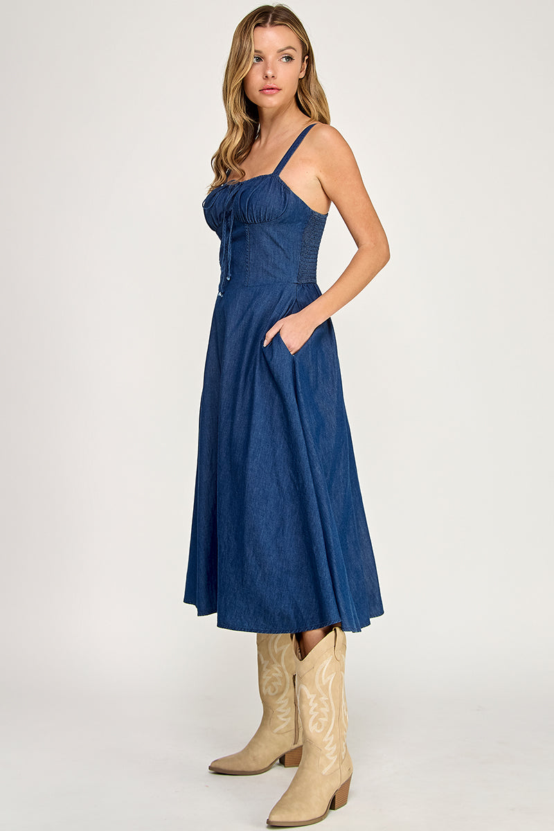 D5636 Drawstring Smocked Back Denim Midi Dress