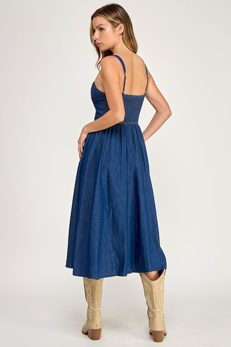 D5636 Drawstring Smocked Back Denim Midi Dress