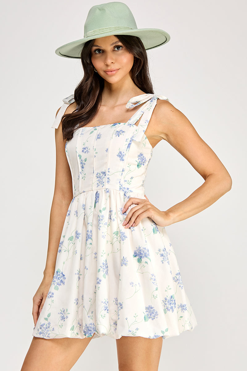 D5419 Floral Shoulder-Tie Bubble Skirt Dress