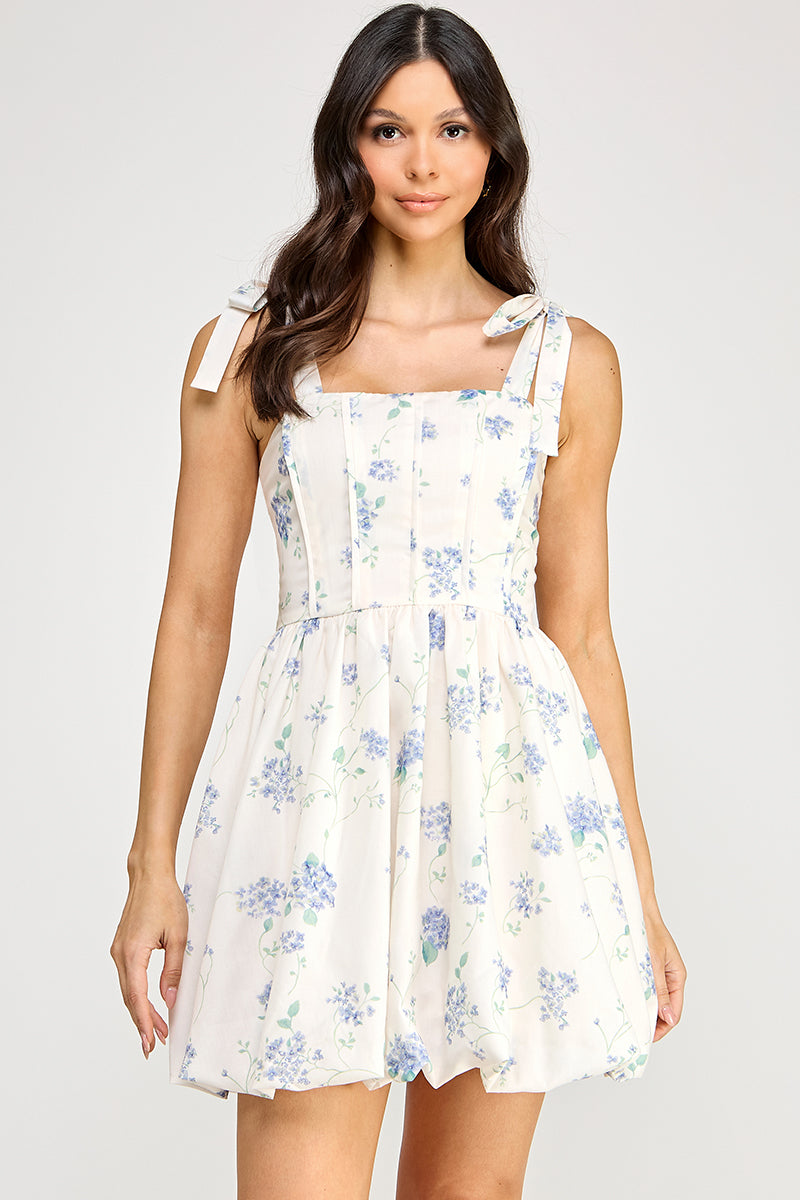 D5419 Floral Shoulder-Tie Bubble Skirt Dress