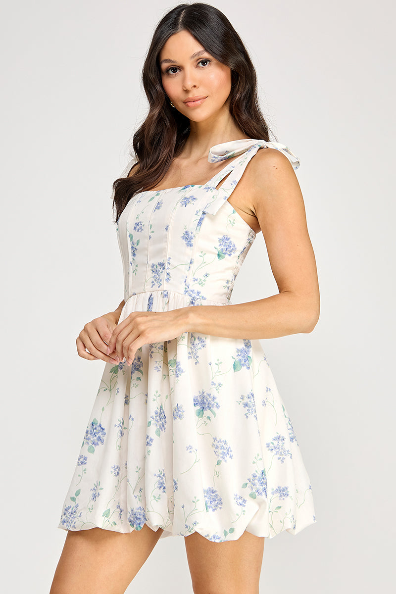 D5419 Floral Shoulder-Tie Bubble Skirt Dress
