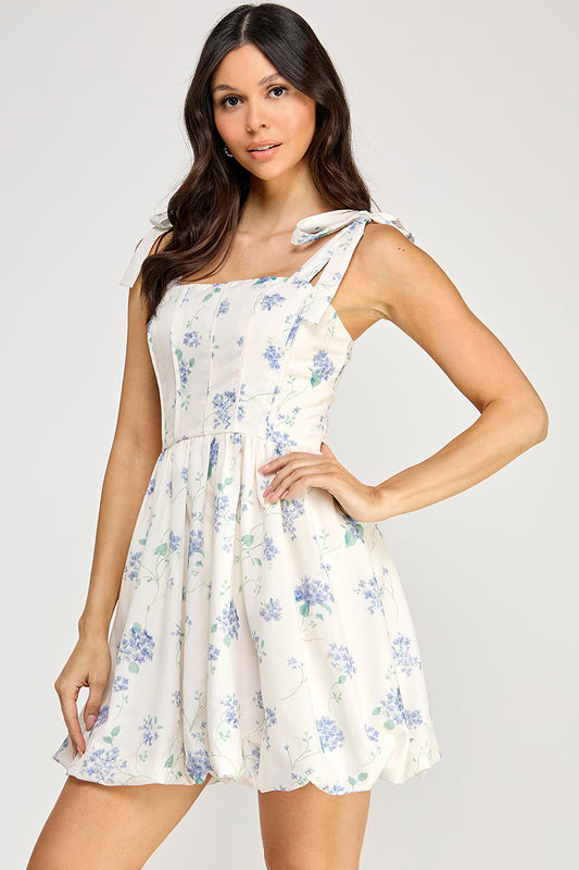 D5419 Floral Shoulder-Tie Bubble Skirt Dress