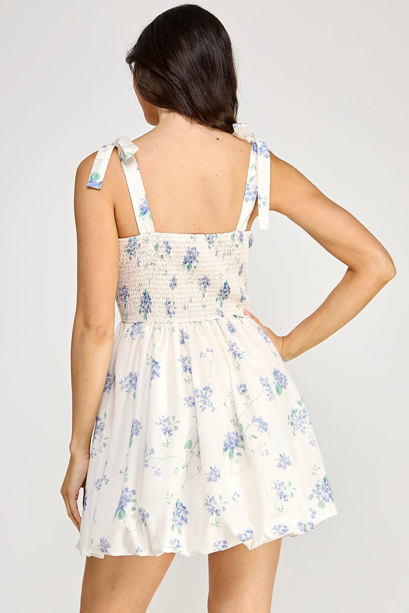 D5419 Floral Shoulder-Tie Bubble Skirt Dress