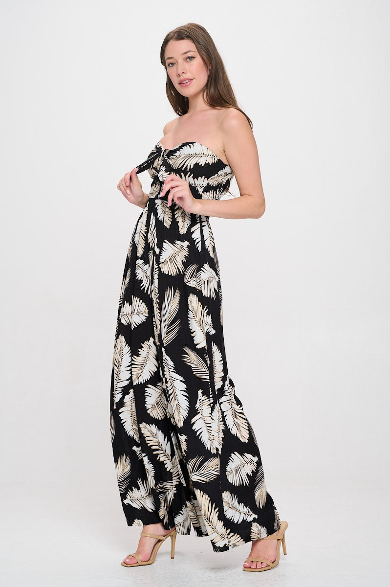 R5285S Strapless Jumpsuit Leaf Printed