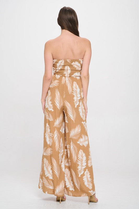 R5285S Strapless Jumpsuit Leaf Printed