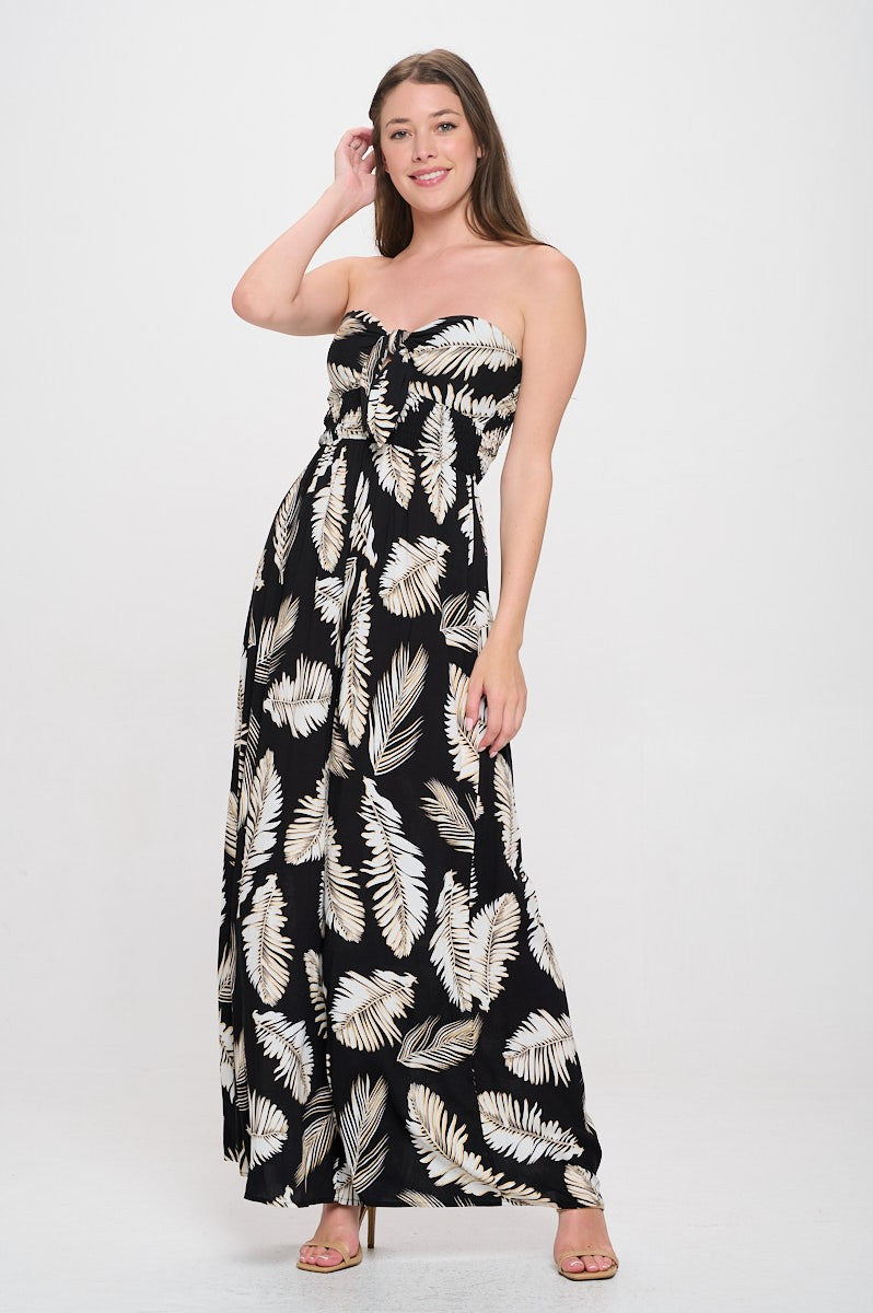 R5285S Strapless Jumpsuit Leaf Printed