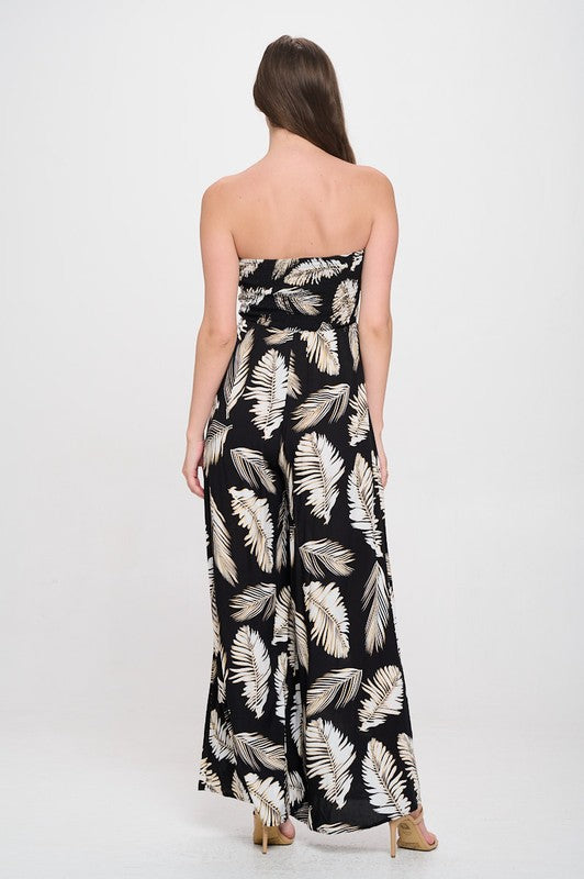 R5285S Strapless Jumpsuit Leaf Printed