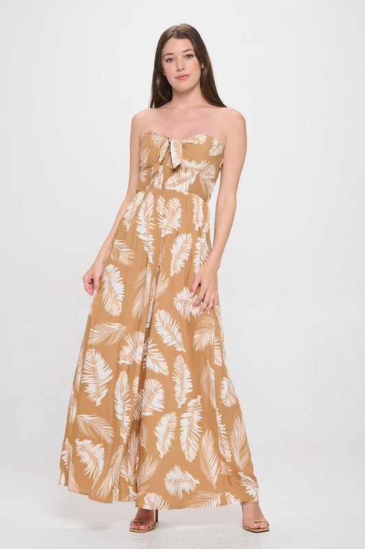 R5285S Strapless Jumpsuit Leaf Printed