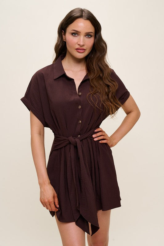 R4661-1 Crinkle Textured Dolman Sleeve Shirt Belted Romper