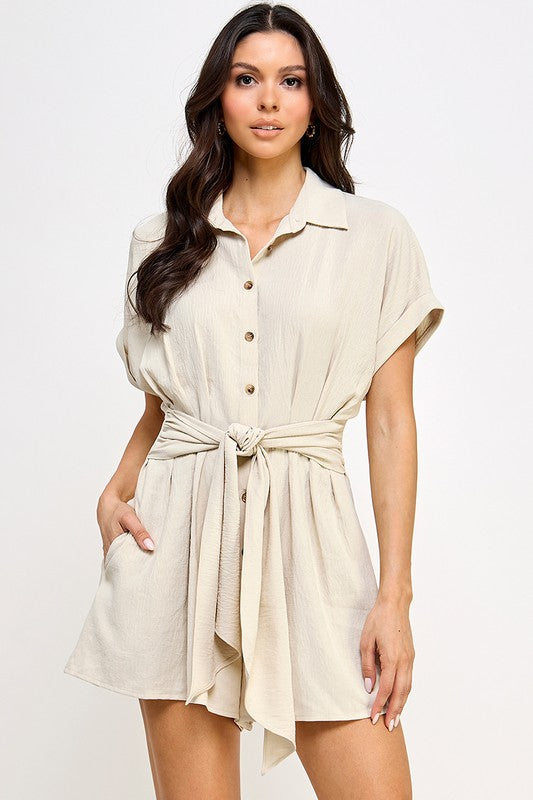 R4661-1 Crinkle Textured Dolman Sleeve Shirt Belted Romper