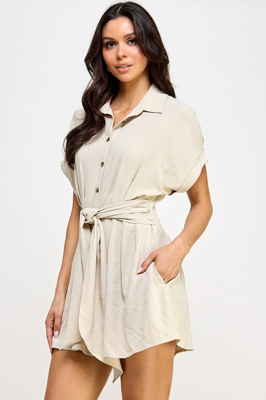 R4661-1 Crinkle Textured Dolman Sleeve Shirt Belted Romper