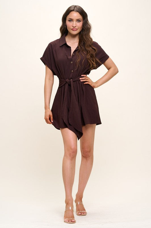 R4661-1 Crinkle Textured Dolman Sleeve Shirt Belted Romper